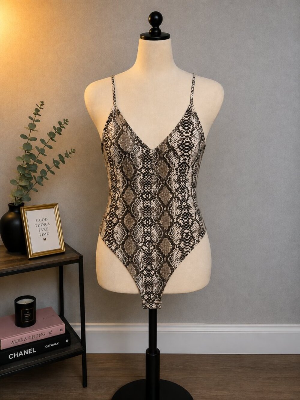Celebrity Pink Snake Print Bodysuit in Brown and Black